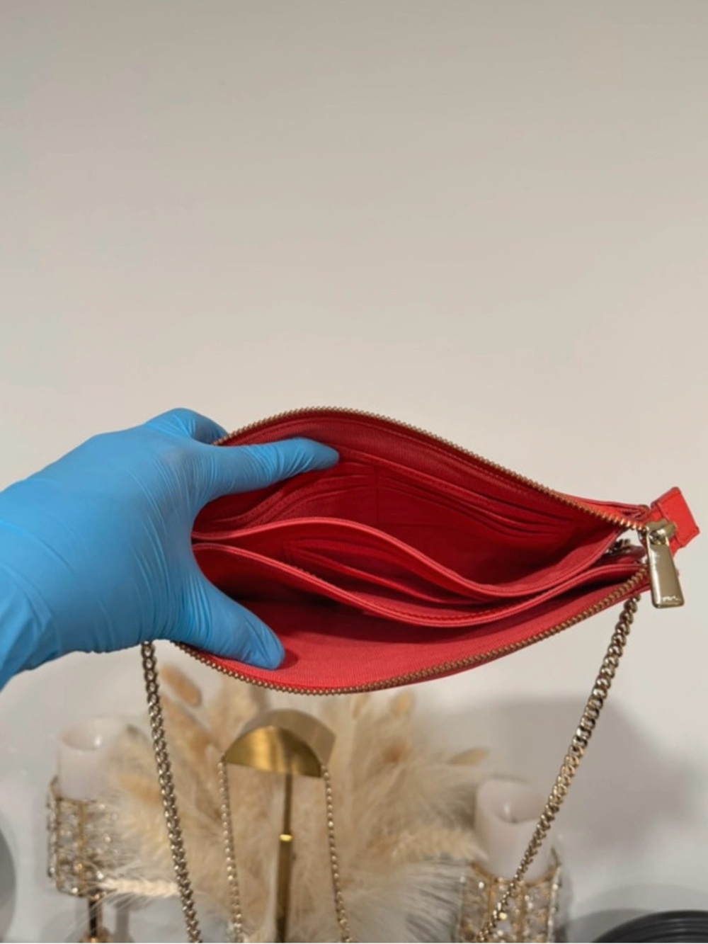Furla Red Saffiano Leather Chain Crossbody Clutch Bag Gold - Picture 5 of 9